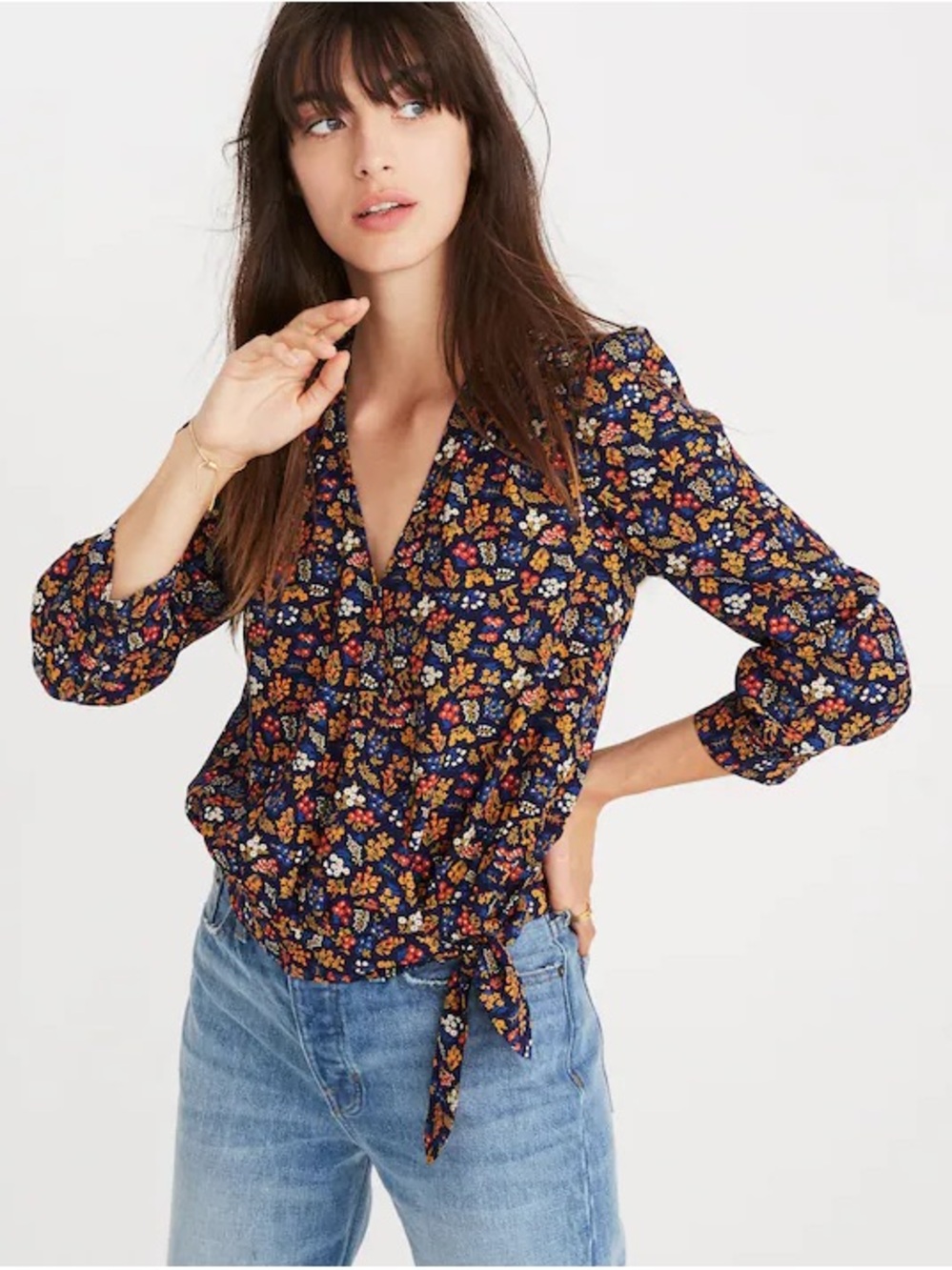 Madewell Navy Floral Wrap Tie-Front V-Neck Top in Garden Party